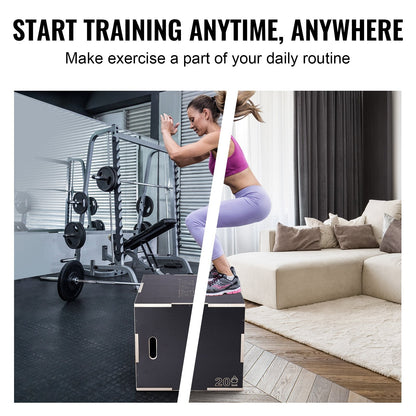 3-in-1 Wooden Plyometric Box, Adjustable Heights, 204 kg Capacity, Black