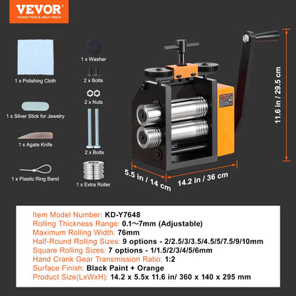 VEVOR Rolling Mill, 3"/76 mm Jewelry Rolling Mill Machine, 1: 2 Gear Ratio, 3-in-1