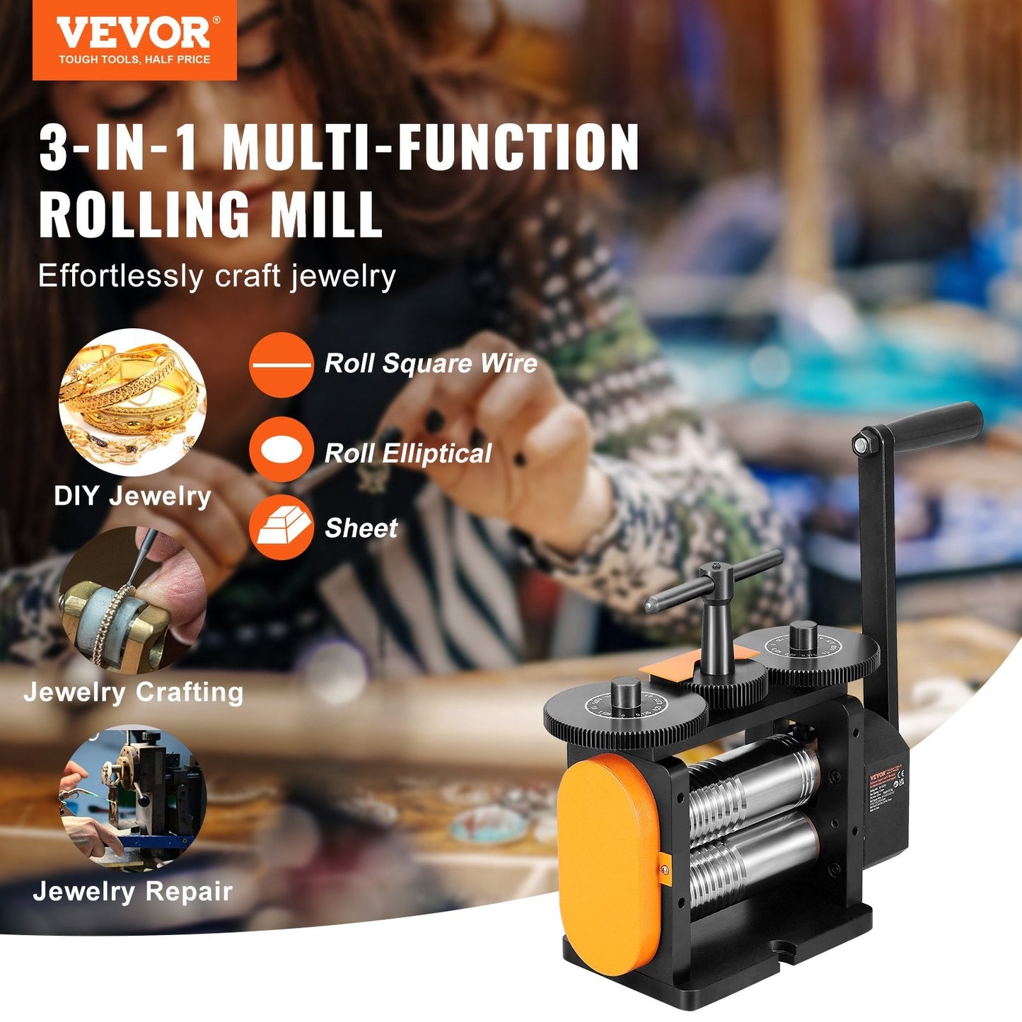 Jewelry Rolling Mill 57mm, 3-in-1 Gear Ratio 1:2, for Metal Crafting