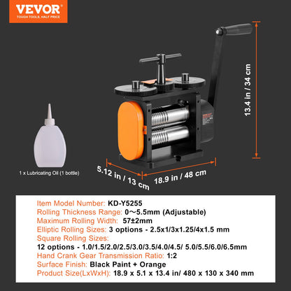 VEVOR Rolling Mill, 2.24"/57 mm Jewelry Rolling Mill Machine, 1: 2 Gear Ratio, 3-in-1