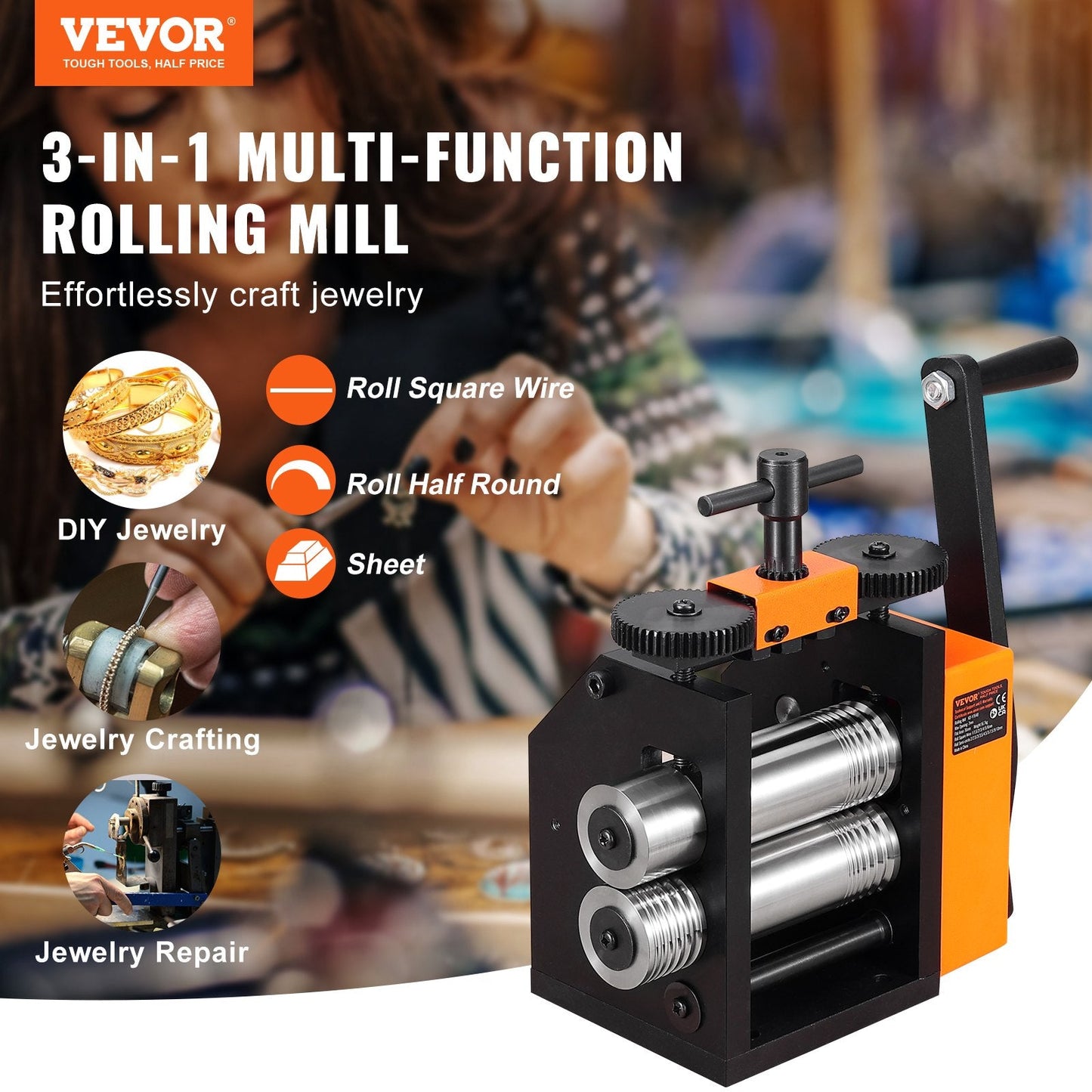 Jewelry Rolling Mill Machine, 75 mm, 3-in-1, Adjustable for Metal Crafting