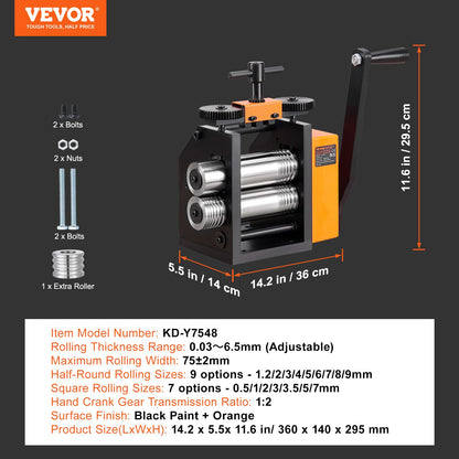 VEVOR Rolling Mill, 2.95"/75 mm Jewelry Rolling Mill Machine, 1: 2 Gear Ratio, 3-in-1