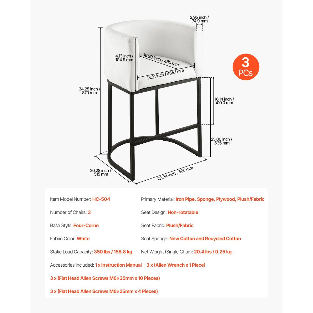 63cm Bar Stool Counter Height Barstool Backrest Kitchen Chair Set of 3