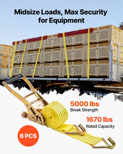 Ratchet Straps, 50.8 mm x 4.6 m, Heavy Duty Tie Down Straps with Double J Hook, 2268 kg Break Strength, Carry Bag, Tie Down Ratcheting for Moving, Trailers, Motorcycles, Kayaks, Car Roof, 6 Pack