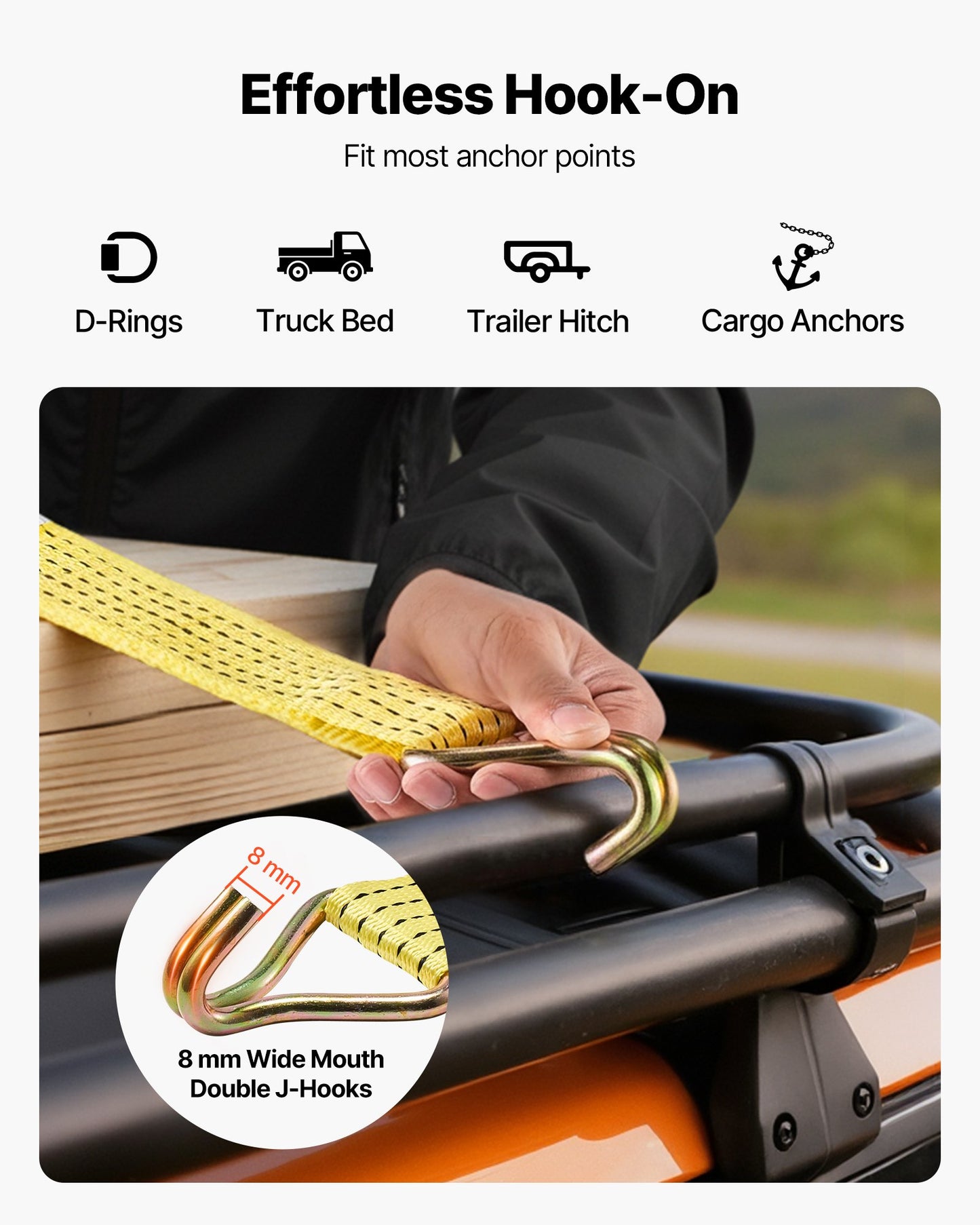 Ratchet Straps, 50.8 mm x 4.6 m, Heavy Duty Tie Down Straps with Double J Hook, 2268 kg Break Strength, Carry Bag, Tie Down Ratcheting for Moving, Trailers, Motorcycles, Kayaks, Car Roof, 6 Pack