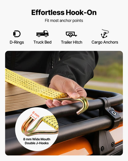 Ratchet Straps, 50.8 mm x 4.6 m, Heavy Duty Tie Down Straps with Double J Hook, 2268 kg Break Strength, Carry Bag, Tie Down Ratcheting for Moving, Trailers, Motorcycles, Kayaks, Car Roof, 6 Pack