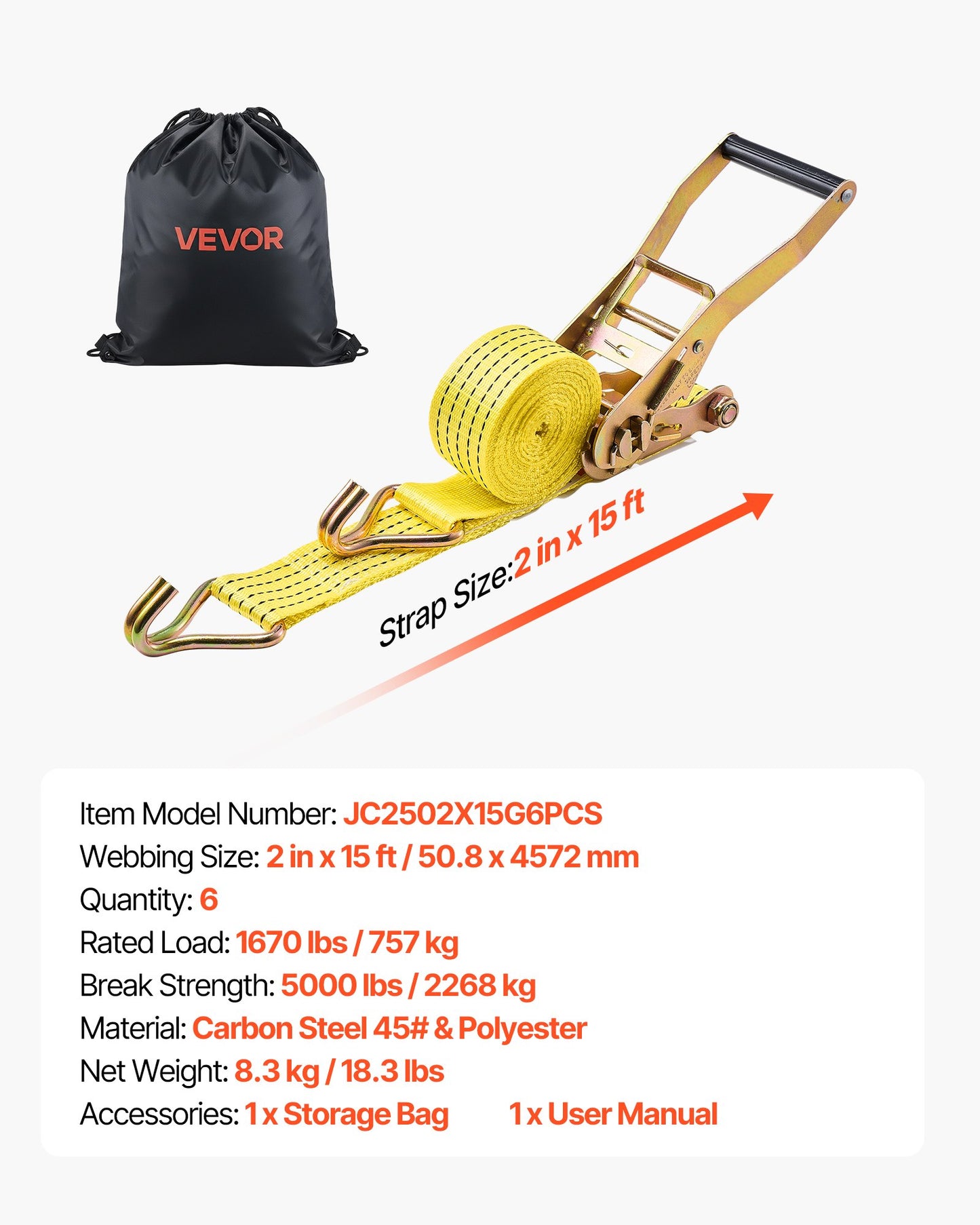 Ratchet Straps, 50.8 mm x 4.6 m, Heavy Duty Tie Down Straps with Double J Hook, 2268 kg Break Strength, Carry Bag, Tie Down Ratcheting for Moving, Trailers, Motorcycles, Kayaks, Car Roof, 6 Pack