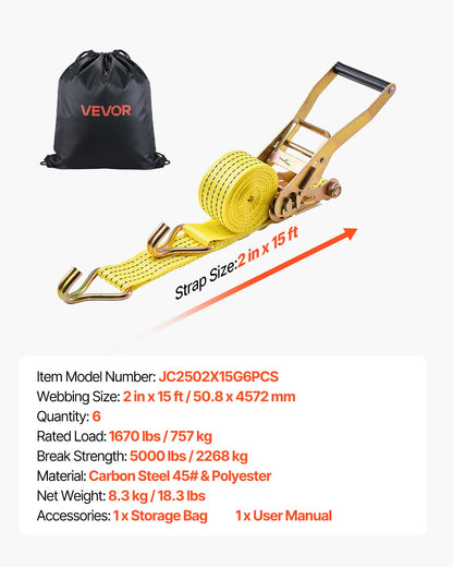 Ratchet Straps, 50.8 mm x 4.6 m, Heavy Duty Tie Down Straps with Double J Hook, 2268 kg Break Strength, Carry Bag, Tie Down Ratcheting for Moving, Trailers, Motorcycles, Kayaks, Car Roof, 6 Pack
