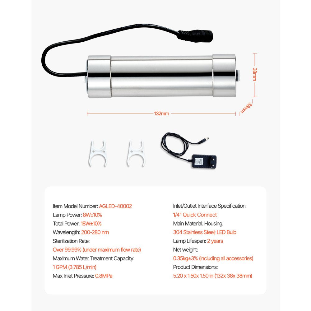 VEVOR 220V 8W UV Water Purifier 1GPM Ultraviolet Water Purifier Filter