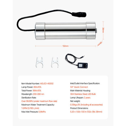 VEVOR 220V 8W UV Water Purifier 1GPM Ultraviolet Water Purifier Filter