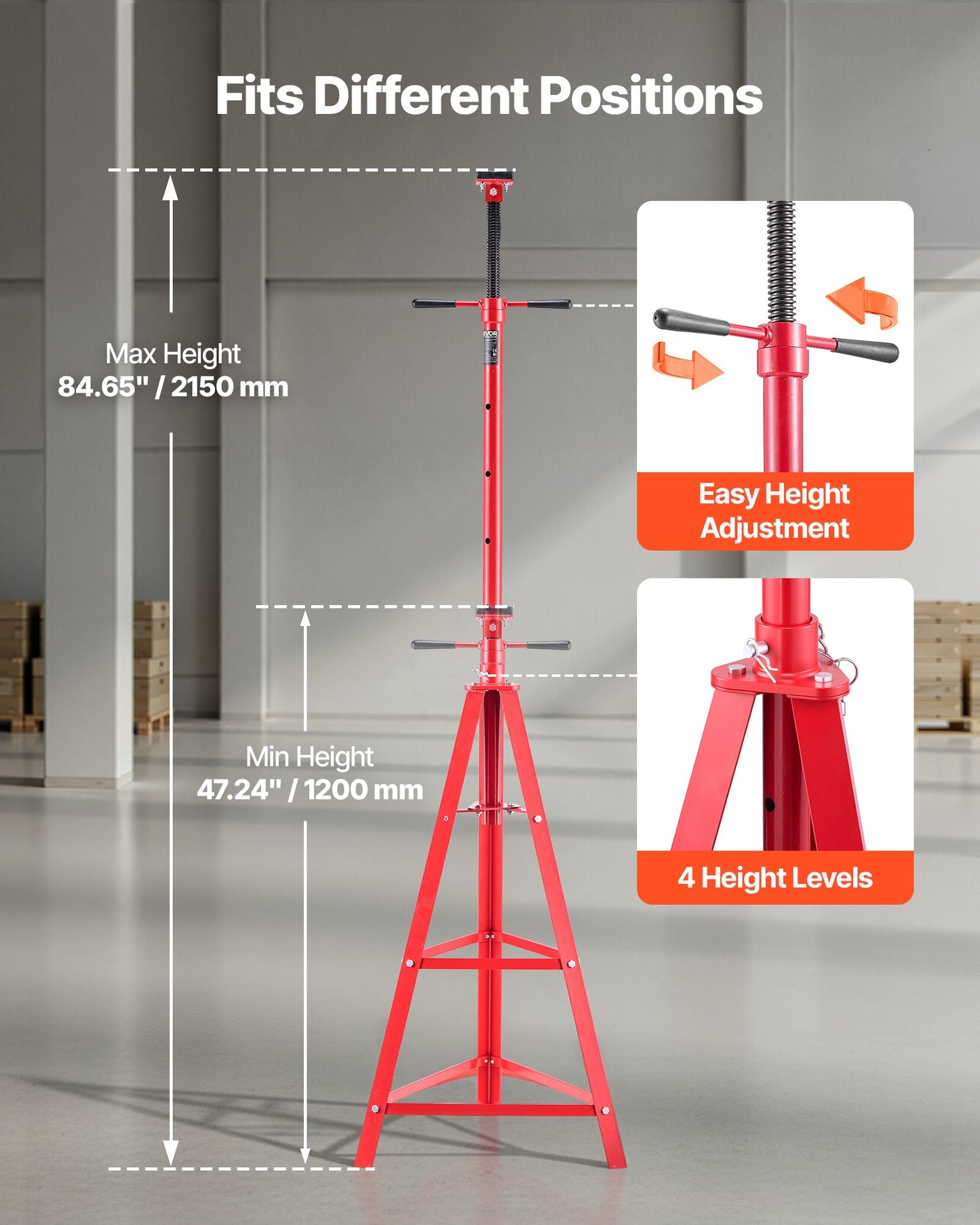 Under Hoist Tripod Stand, 2 Ton Capacity High Lift Jack Stand Reach Underhoist Support, Lifting from 1200 mm to 2150 mm, 4-Level Adjustable Height, Heavy Duty Carbon Steel for Car Lift & Support