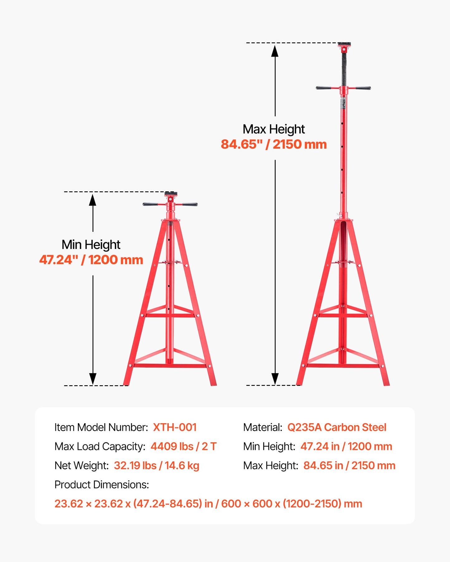 Under Hoist Tripod Stand, 2 Ton Capacity High Lift Jack Stand Reach Underhoist Support, Lifting from 1200 mm to 2150 mm, 4-Level Adjustable Height, Heavy Duty Carbon Steel for Car Lift & Support