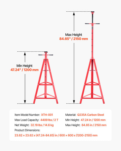 Under Hoist Tripod Stand, 2 Ton Capacity High Lift Jack Stand Reach Underhoist Support, Lifting from 1200 mm to 2150 mm, 4-Level Adjustable Height, Heavy Duty Carbon Steel for Car Lift & Support