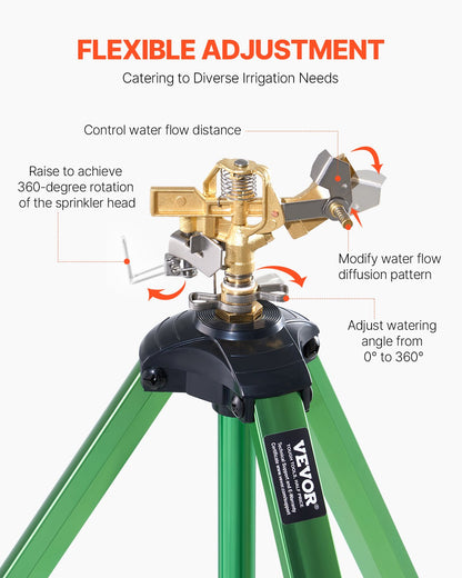 Impact Sprinkler on Tripod Base, 2 Packs, Heavy Duty Tripod Sprinklers with Brass Head & G3/4" Connector, 360 Degree Large Area Irrigation Sprinkler, Adjustable Heights Sprinkler for Yard