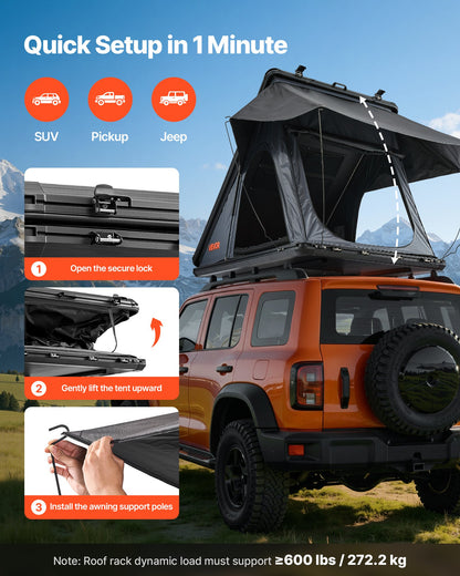 Rooftop Tent Hard Shell, 2-3 Person Aluminum Roof Top Tent Hardshell with Tri-Color LED Light & Thick Mattress, Waterproof Windproof Overland Camping Car Roof Rack Suitable for Jeep SUV Pickup