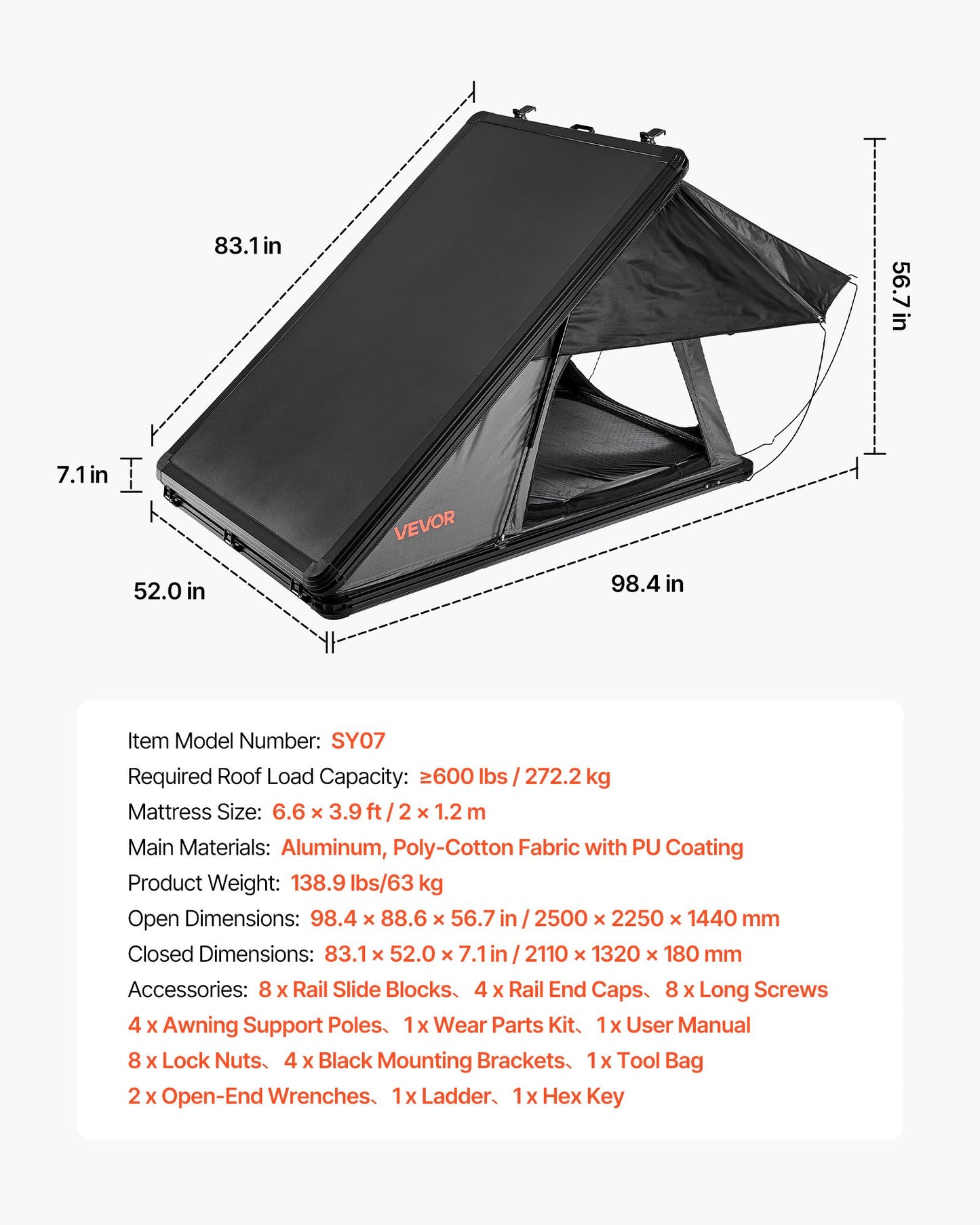 Rooftop Tent Hard Shell, 2-3 Person Aluminum Roof Top Tent Hardshell with Tri-Color LED Light & Thick Mattress, Waterproof Windproof Overland Camping Car Roof Rack Suitable for Jeep SUV Pickup