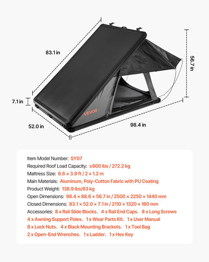 Rooftop Tent Hard Shell, 2-3 Person Aluminum Roof Top Tent Hardshell with Tri-Color LED Light & Thick Mattress, Waterproof Windproof Overland Camping Car Roof Rack Suitable for Jeep SUV Pickup