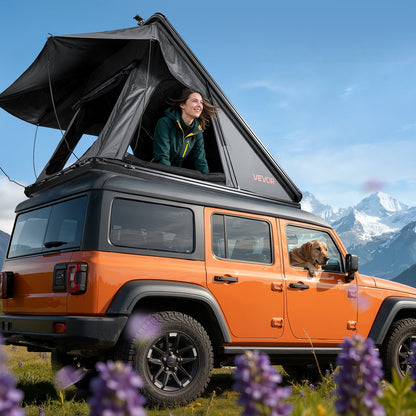 Rooftop Tent Hard Shell, 2-3 Person Aluminum Roof Top Tent Hardshell with Tri-Color LED Light & Thick Mattress, Waterproof Windproof Overland Camping Car Roof Rack Suitable for Jeep SUV Pickup