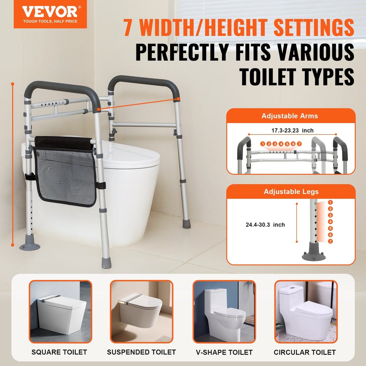 Folding Toilet Seat Frame with Adjustable Width & Height, Supports 136 kg