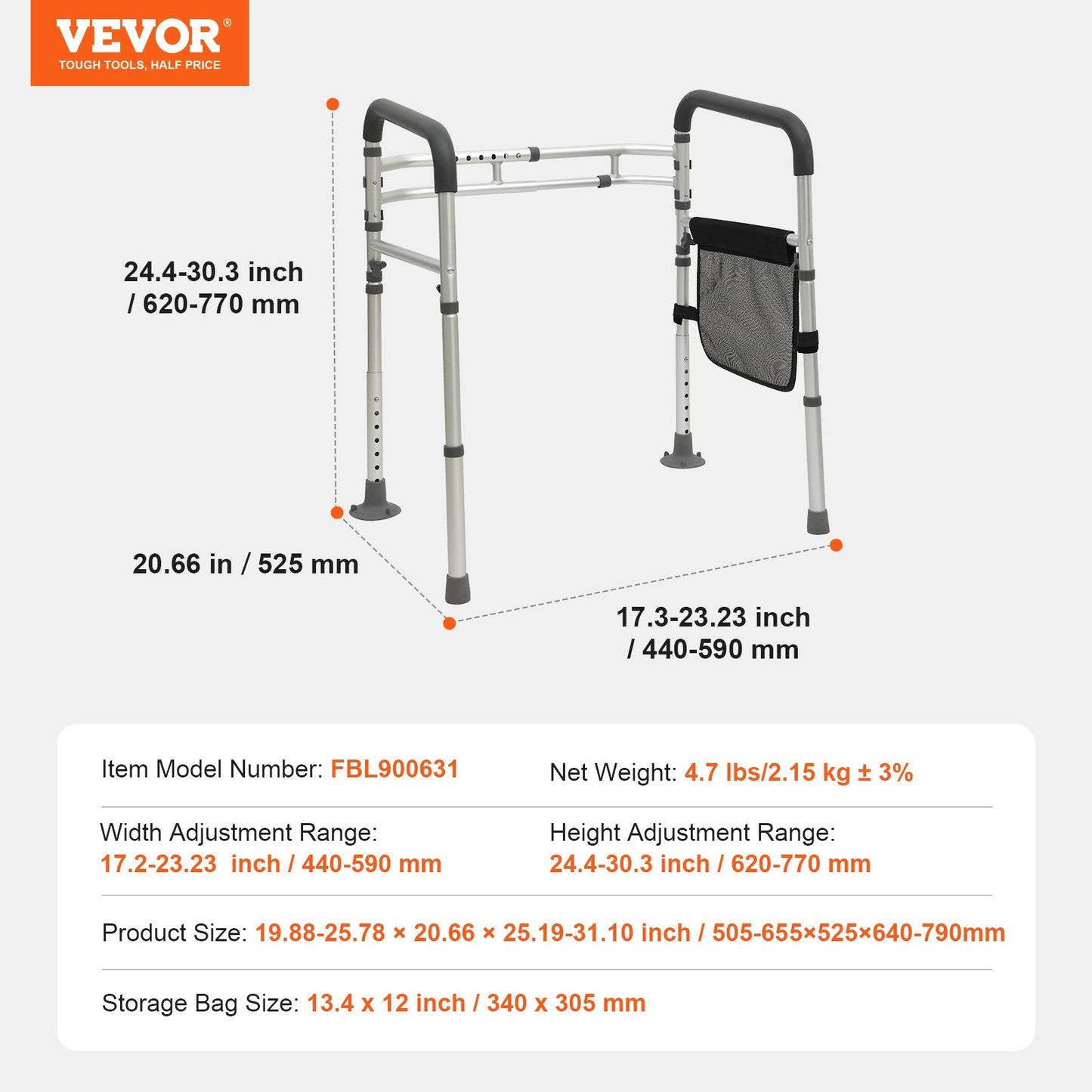 Folding Toilet Seat Frame with Adjustable Width & Height, Supports 136 kg