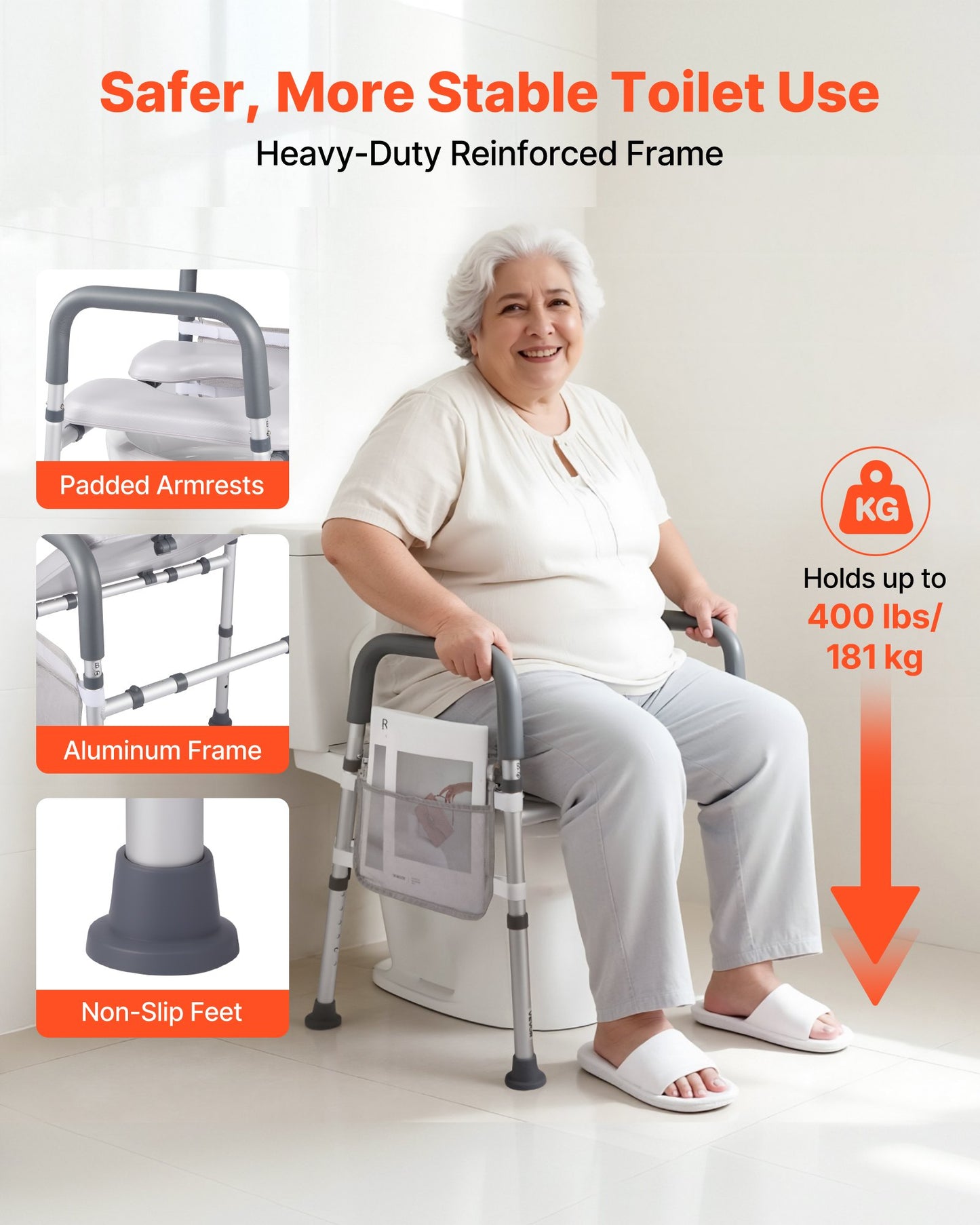 Raised Toilet Seat with Arms, 181 kg Load Capacity, Adjustable Height and Width, Commode Cushion Padded Elevated Toilet Seat Riser with Handles for Seniors, Elderly, Handicap, Disabled, Adults