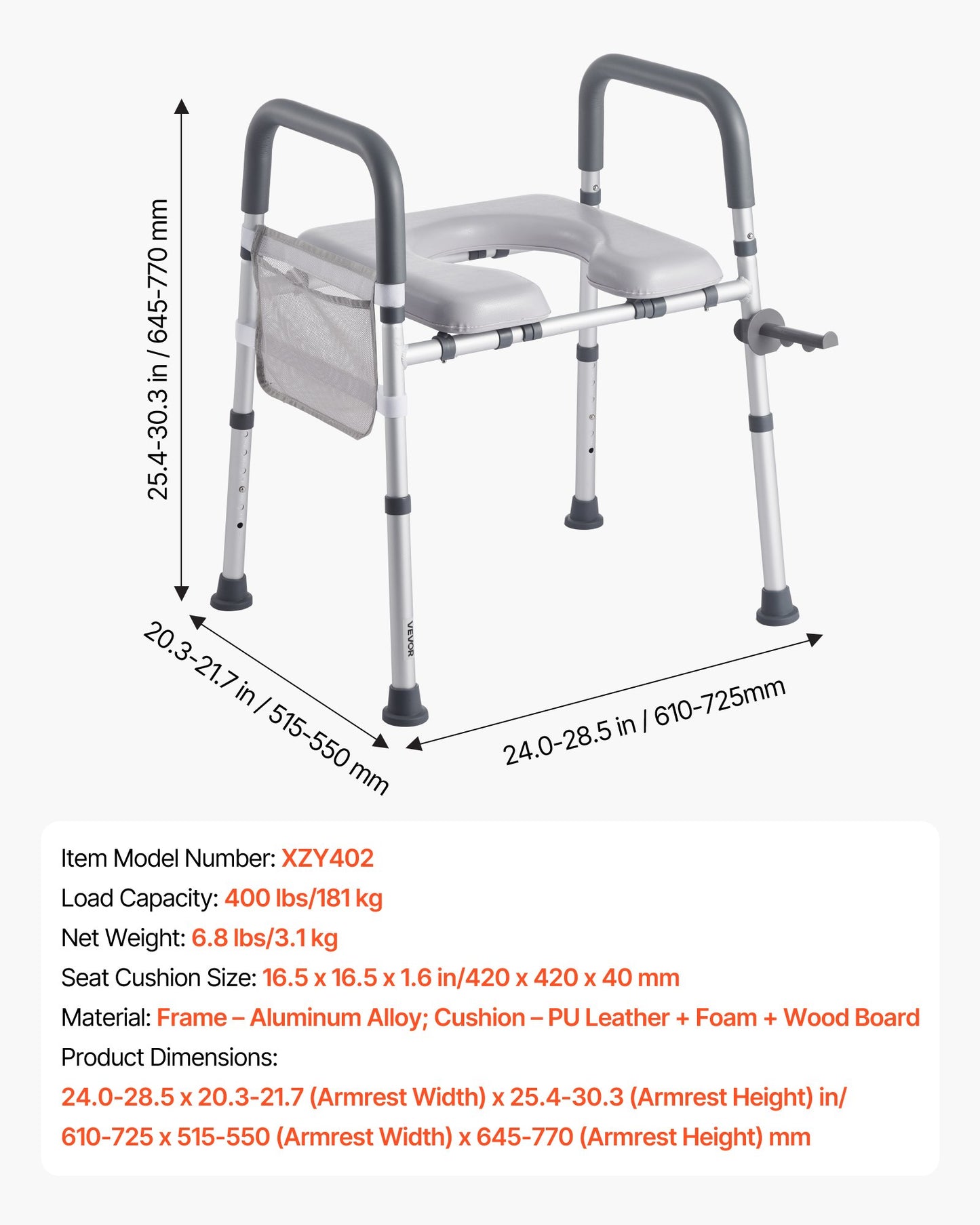 Raised Toilet Seat with Arms, 181 kg Load Capacity, Adjustable Height and Width, Commode Cushion Padded Elevated Toilet Seat Riser with Handles for Seniors, Elderly, Handicap, Disabled, Adults