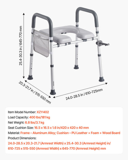Raised Toilet Seat with Arms, 181 kg Load Capacity, Adjustable Height and Width, Commode Cushion Padded Elevated Toilet Seat Riser with Handles for Seniors, Elderly, Handicap, Disabled, Adults