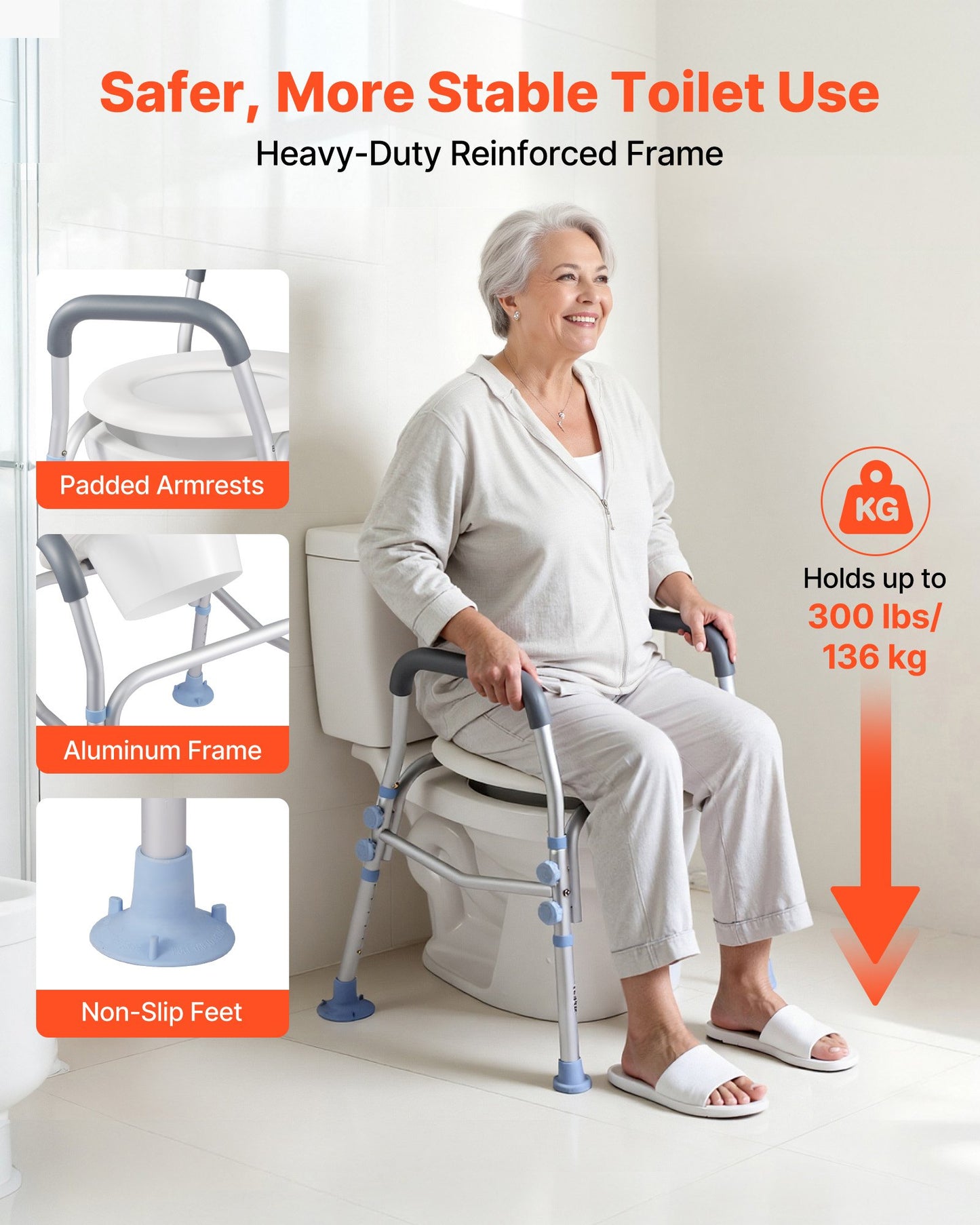 Raised Toilet Seat with Arms, 136 kg Load Capacity, Adjustable Height, Widened Commode Elevated Toilet Seat Riser with Handles and Splash Guard for Seniors, Elderly, Handicap, Disabled, Adults