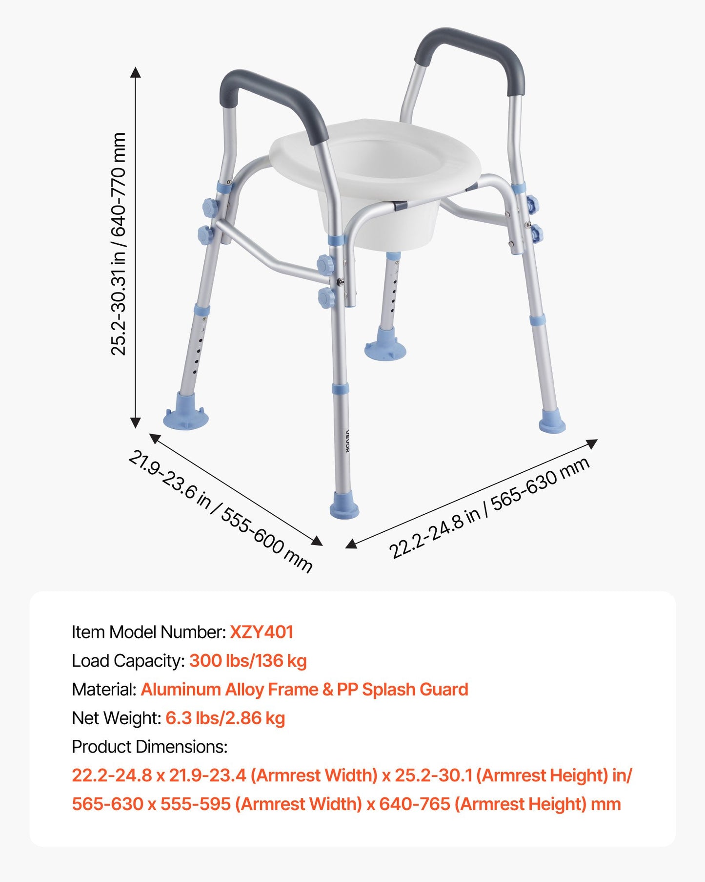 Raised Toilet Seat with Arms, 136 kg Load Capacity, Adjustable Height, Widened Commode Elevated Toilet Seat Riser with Handles and Splash Guard for Seniors, Elderly, Handicap, Disabled, Adults
