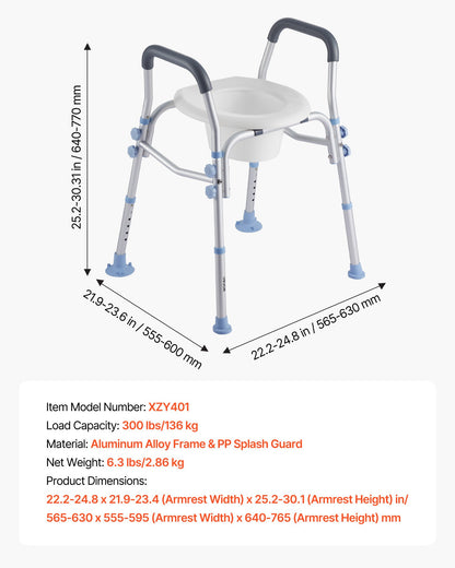 Raised Toilet Seat with Arms, 136 kg Load Capacity, Adjustable Height, Widened Commode Elevated Toilet Seat Riser with Handles and Splash Guard for Seniors, Elderly, Handicap, Disabled, Adults
