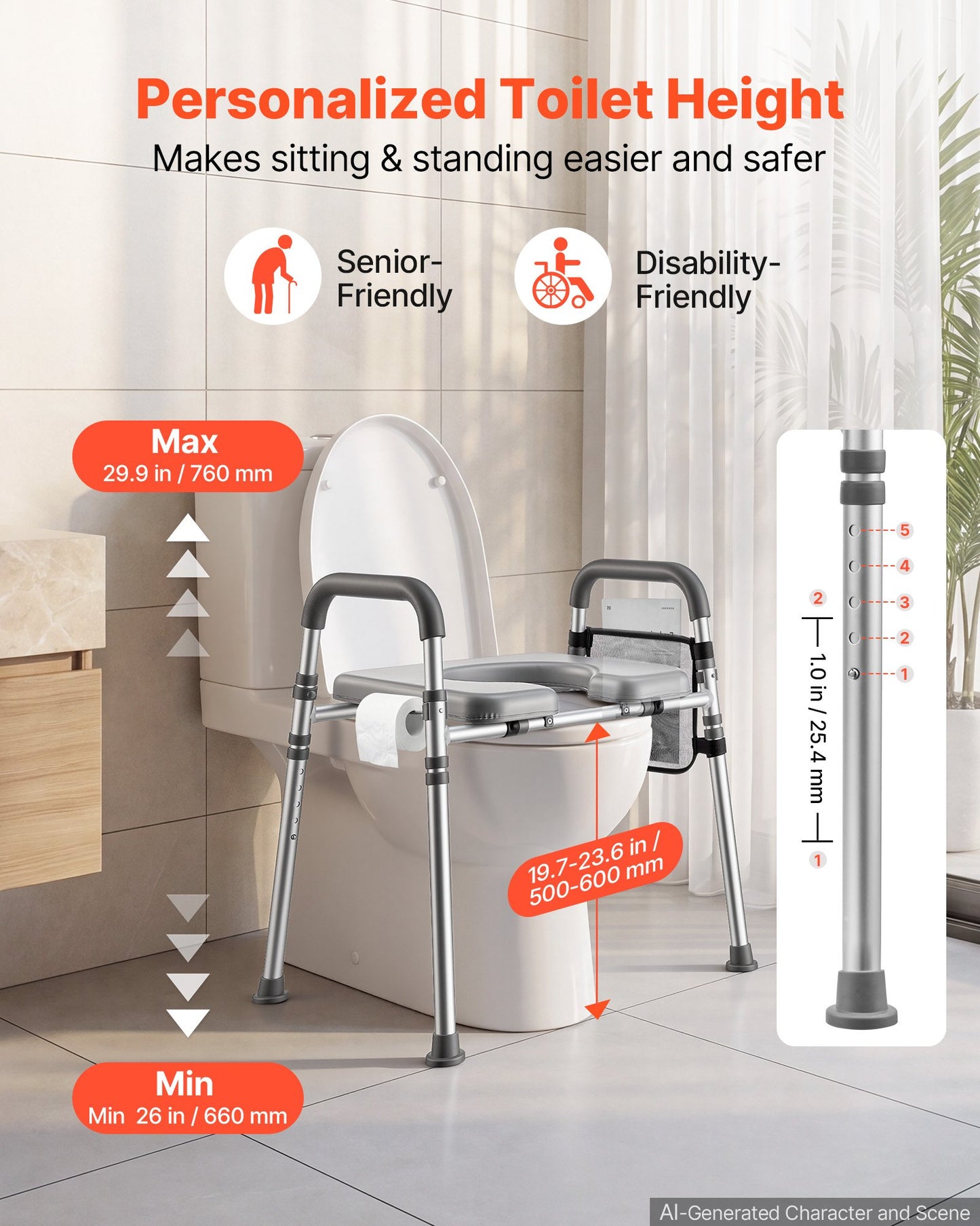 Raised Toilet Seat with Handles 158.7 kg Handicap Elevated Riser, for Seniors, Elderly & Disabled, Adjustable Height & Width, Soft Cushion Padded, Fits Round, Elongated & V-Shaped Commode