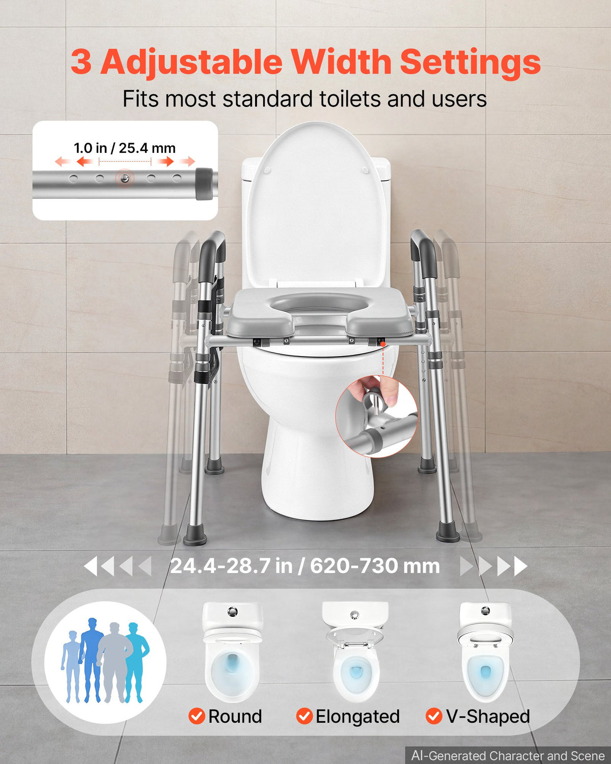 Raised Toilet Seat with Handles 158.7 kg Handicap Elevated Riser, for Seniors, Elderly & Disabled, Adjustable Height & Width, Soft Cushion Padded, Fits Round, Elongated & V-Shaped Commode
