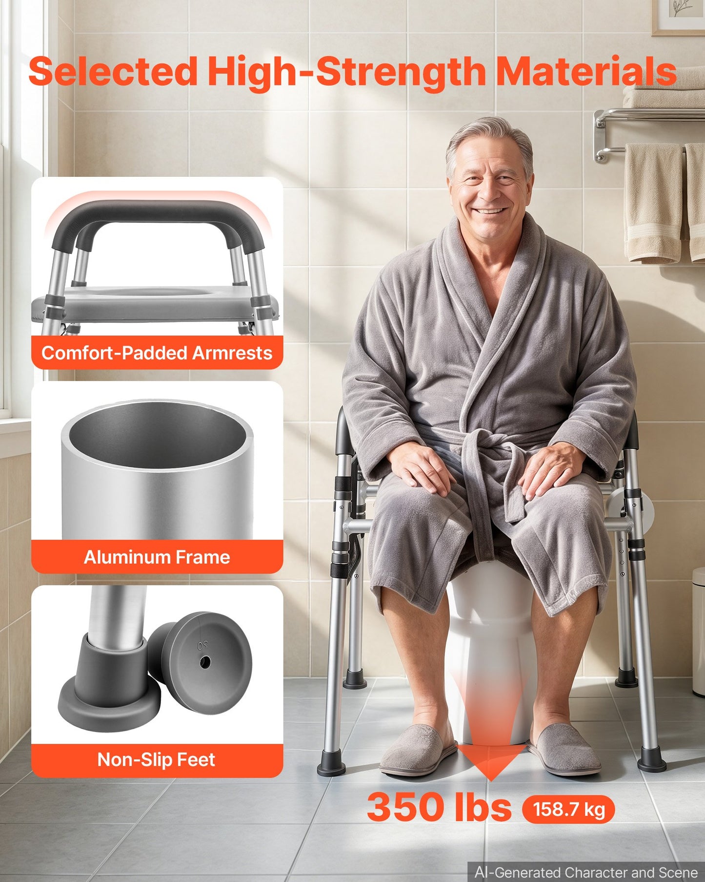 Raised Toilet Seat with Handles 158.7 kg Handicap Elevated Riser, for Seniors, Elderly & Disabled, Adjustable Height & Width, Soft Cushion Padded, Fits Round, Elongated & V-Shaped Commode