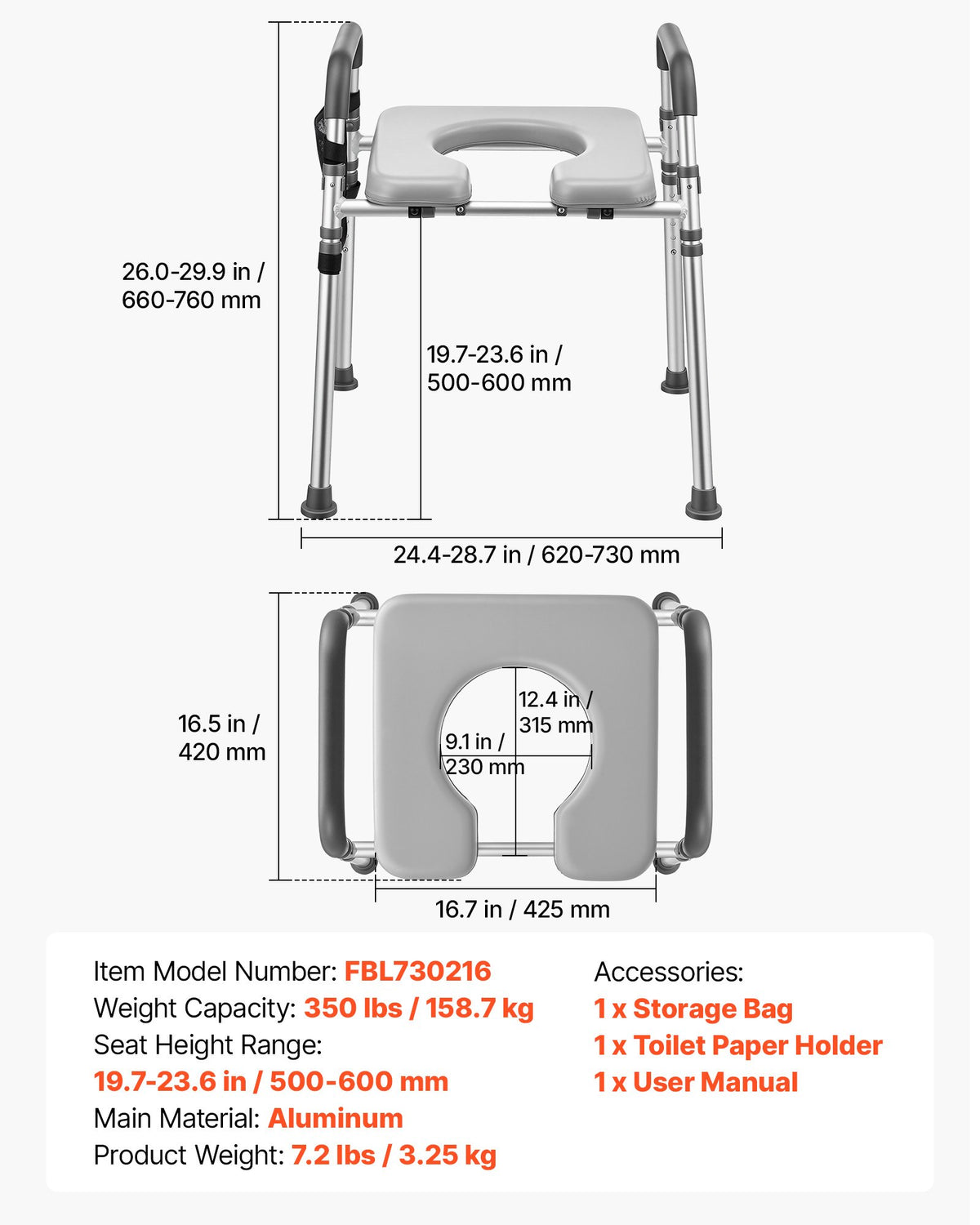 Raised Toilet Seat with Handles 158.7 kg Handicap Elevated Riser, for Seniors, Elderly & Disabled, Adjustable Height & Width, Soft Cushion Padded, Fits Round, Elongated & V-Shaped Commode