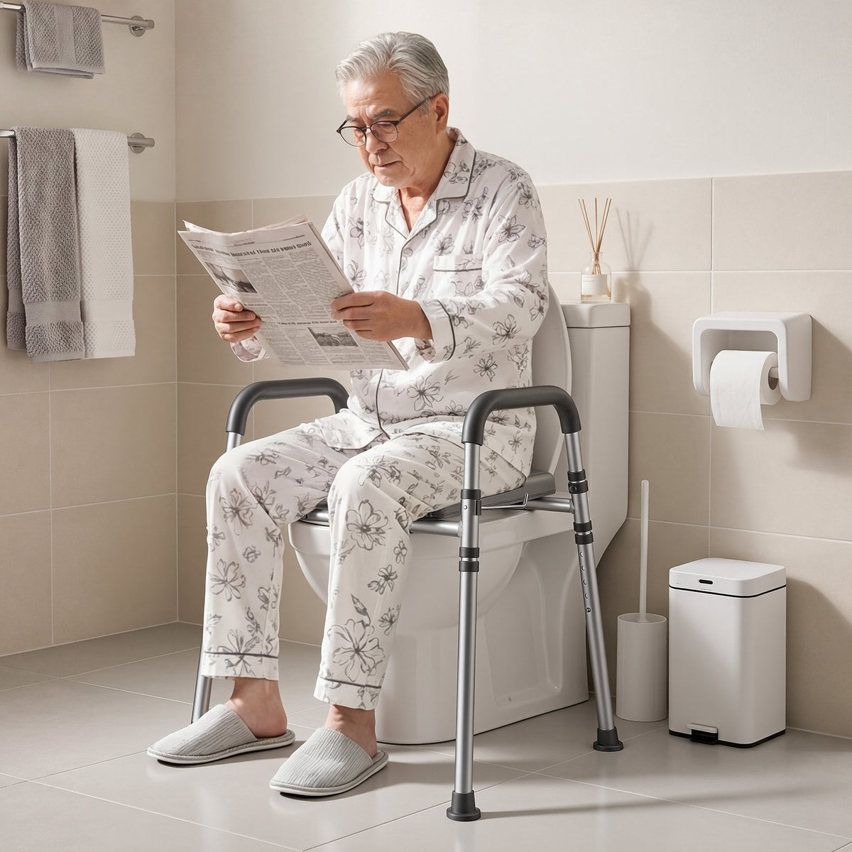 Raised Toilet Seat with Handles 158.7 kg Handicap Elevated Riser, for Seniors, Elderly & Disabled, Adjustable Height & Width, Soft Cushion Padded, Fits Round, Elongated & V-Shaped Commode