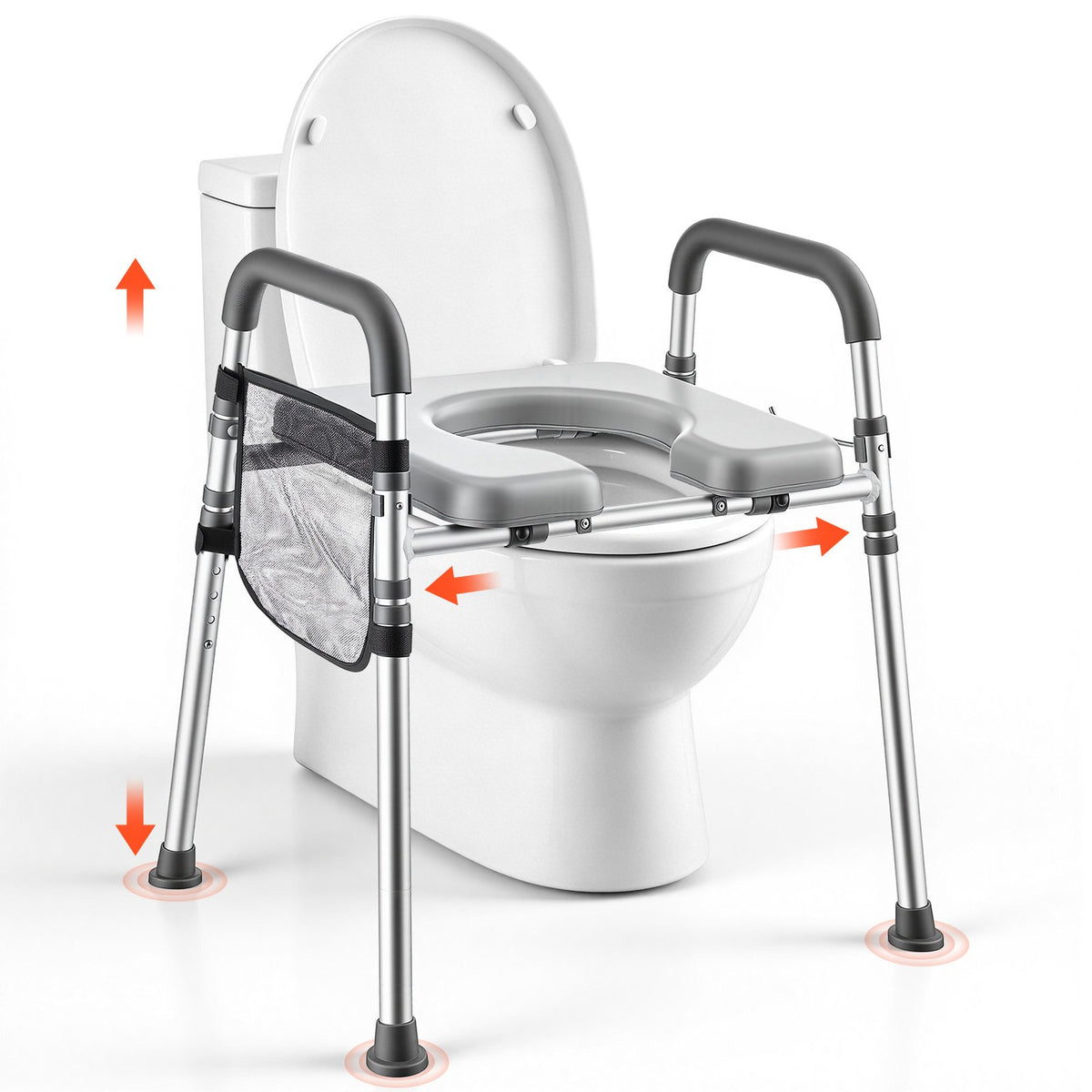 Raised Toilet Seat with Handles 158.7 kg Handicap Elevated Riser, for Seniors, Elderly & Disabled, Adjustable Height & Width, Soft Cushion Padded, Fits Round, Elongated & V-Shaped Commode