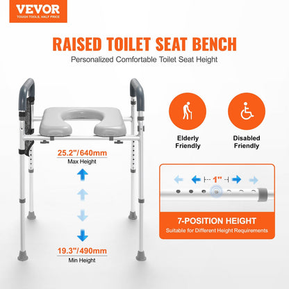 Adjustable Raised Toilet Seat with Padded Aluminum Frame, 655-805 mm Height