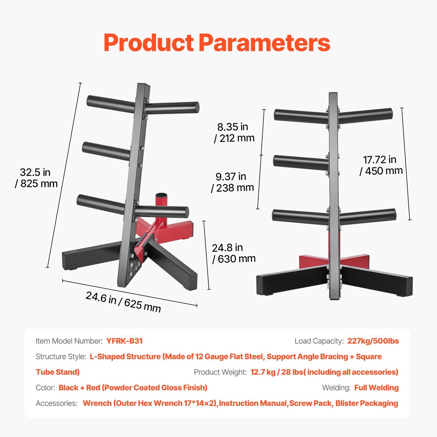 Weight Plate Rack, L Frame Weight Plate Tree for 2-Inch Weight Plates, Standard Weight Plate Tree, 500 lbs Load Capacity Weight Storage Holder, Home Gym Barbell Rack Storage Stand, Black & Red