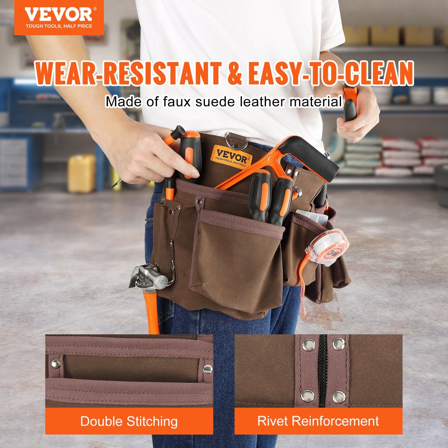 VEVOR Tool Belt Carpenter Construction Tool Pouch 13 Pockets 73.6-137.2 cm Waist