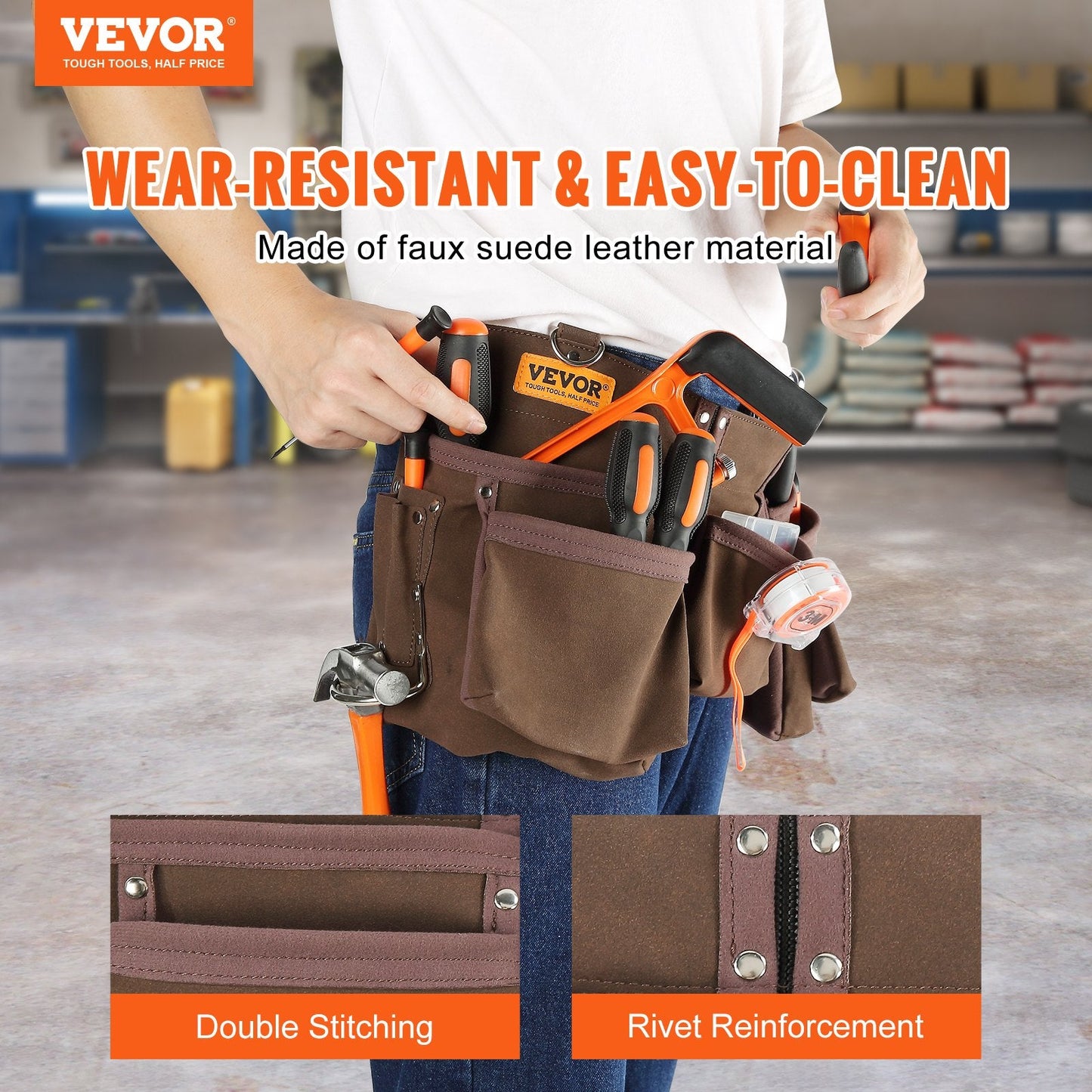 Carpenter Tool Belt with 13 Pockets, Adjustable 0.74-1.37 m Waist Fit, Brown