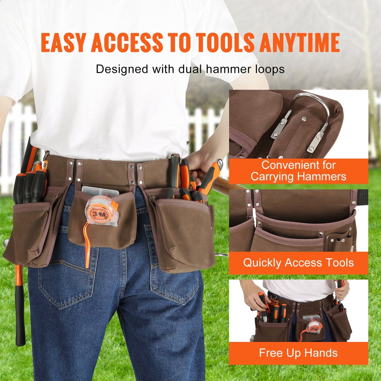Carpenter Tool Belt with 13 Pockets, Adjustable 0.74-1.37 m Waist Fit, Brown