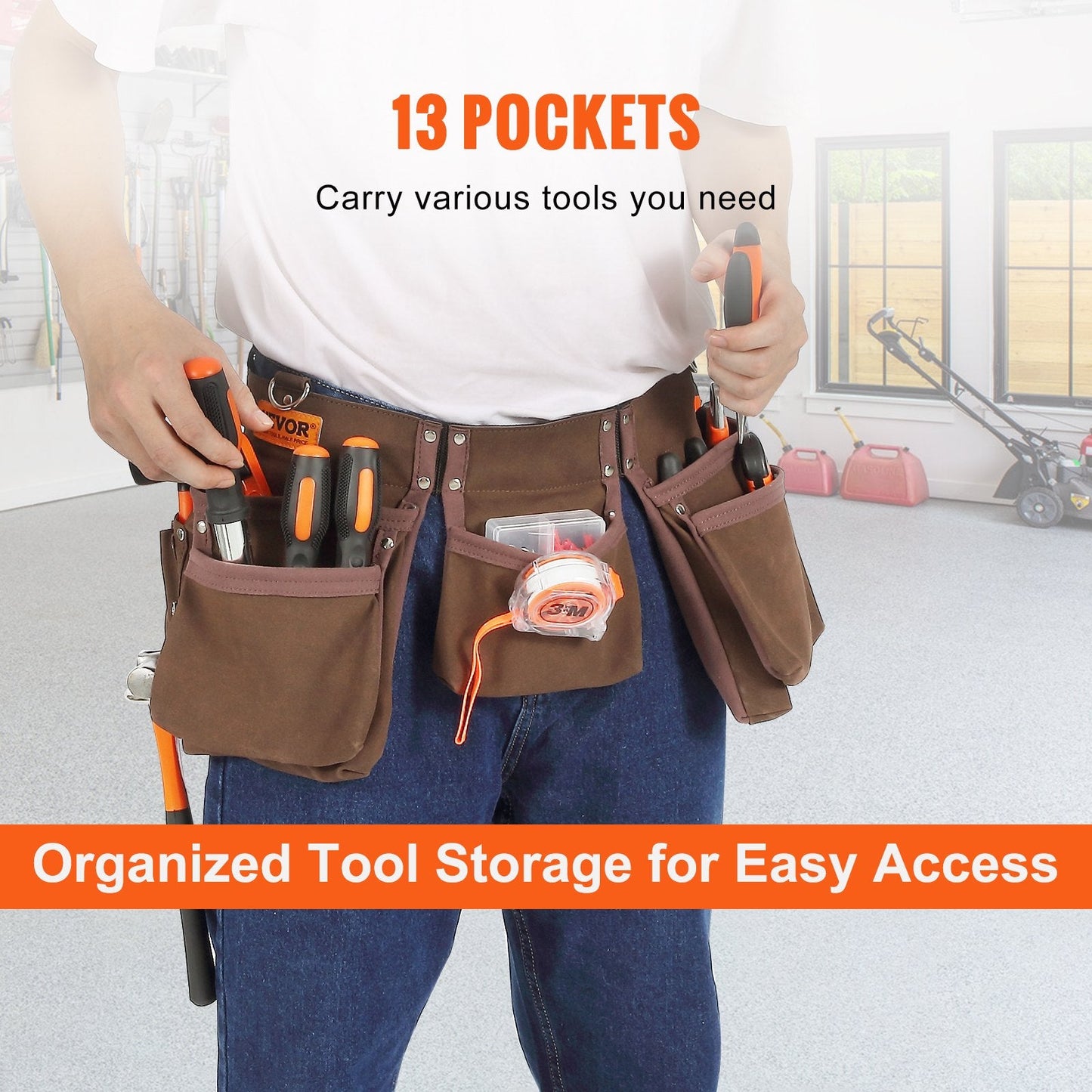 Carpenter Tool Belt with 13 Pockets, Adjustable 0.74-1.37 m Waist Fit, Brown