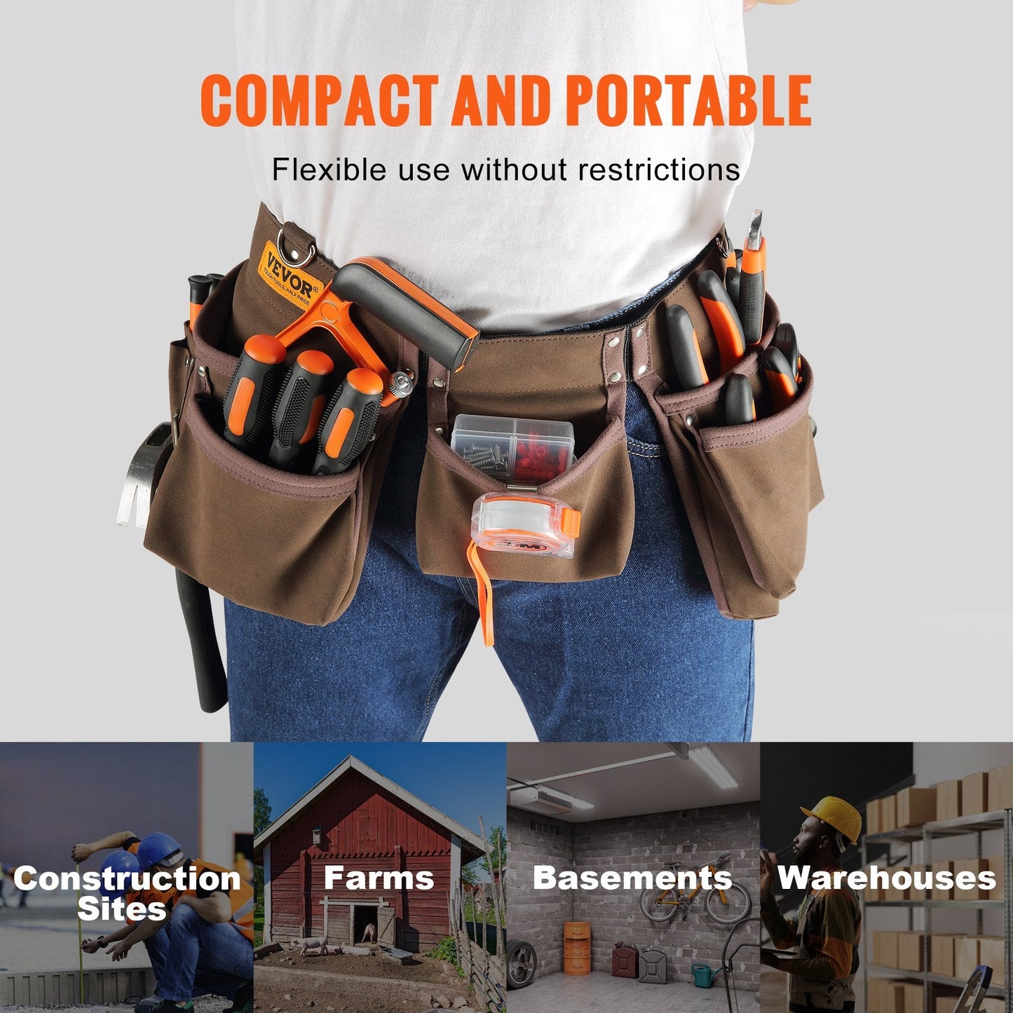 Carpenter Tool Belt with 13 Pockets, Adjustable 0.74-1.37 m Waist Fit, Brown