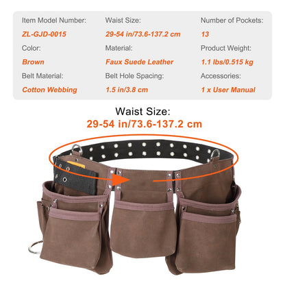 Carpenter Tool Belt with 13 Pockets, Adjustable 0.74-1.37 m Waist Fit, Brown
