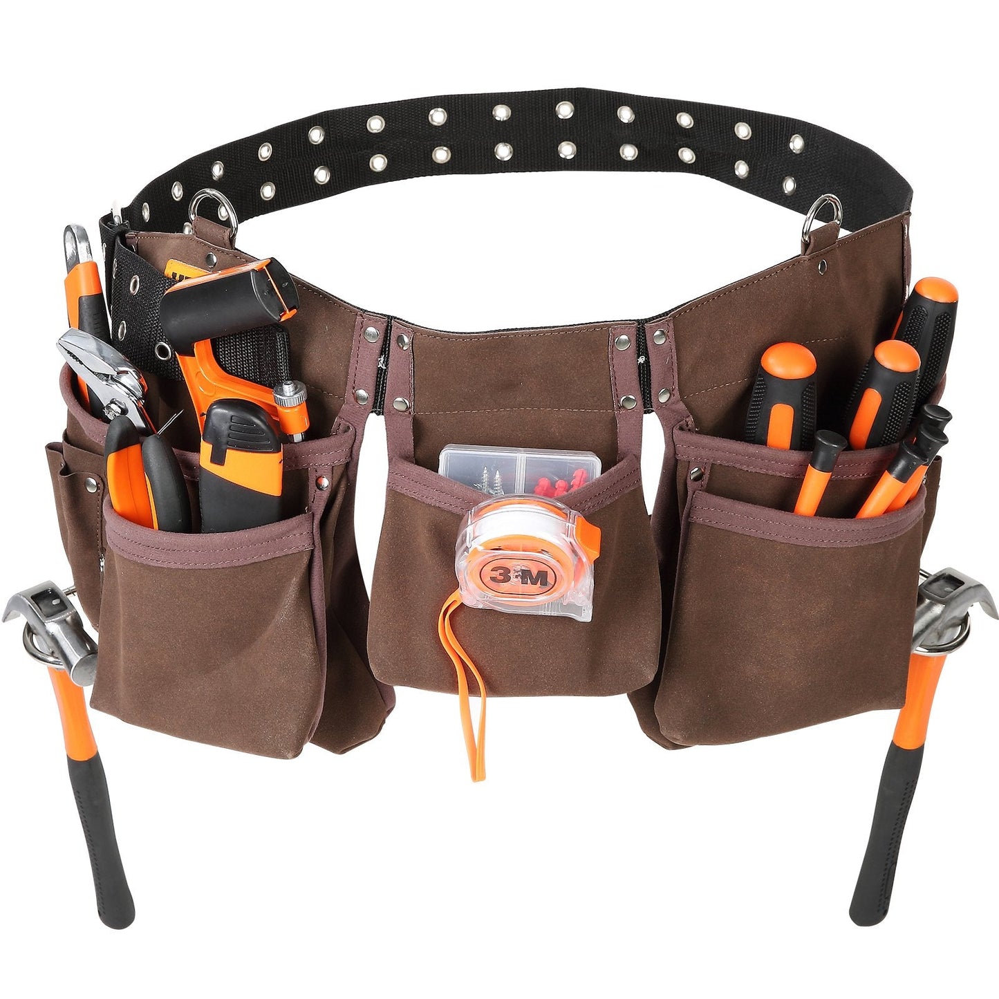 Carpenter Tool Belt with 13 Pockets, Adjustable 0.74-1.37 m Waist Fit, Brown