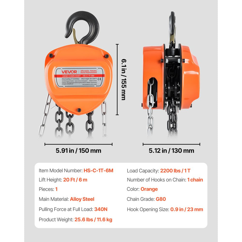 Hand Chain Hoist 1 T Capacity 6 m Manual Chain Block with G80 Chain