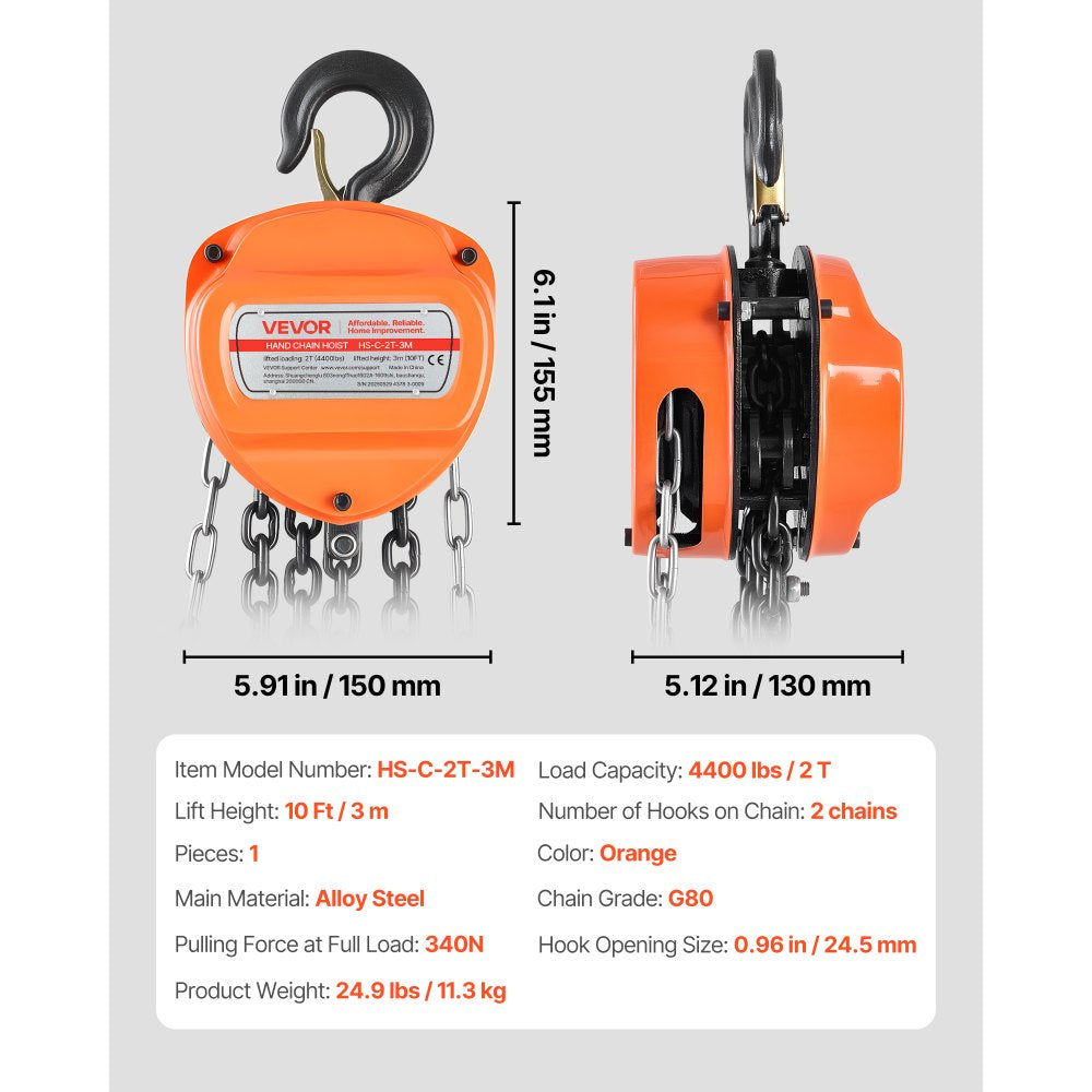 Hand Chain Hoist 2 T Capacity 3 m Manual Chain Block with G80 Chain
