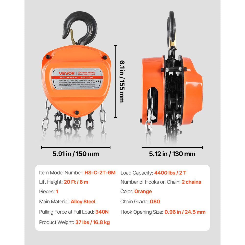 Hand Chain Hoist 2 T Capacity 6 m Manual Chain Block with G80 Chain