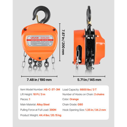Hand Chain Hoist 3 T Capacity 3 m Manual Chain Block with G80 Chain
