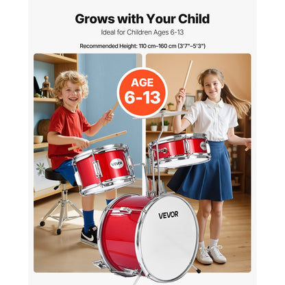 VEVOR Kids Drum Set 3-Piece Beginner Drum Kit with 355.6 mm Bass Drum (Red)